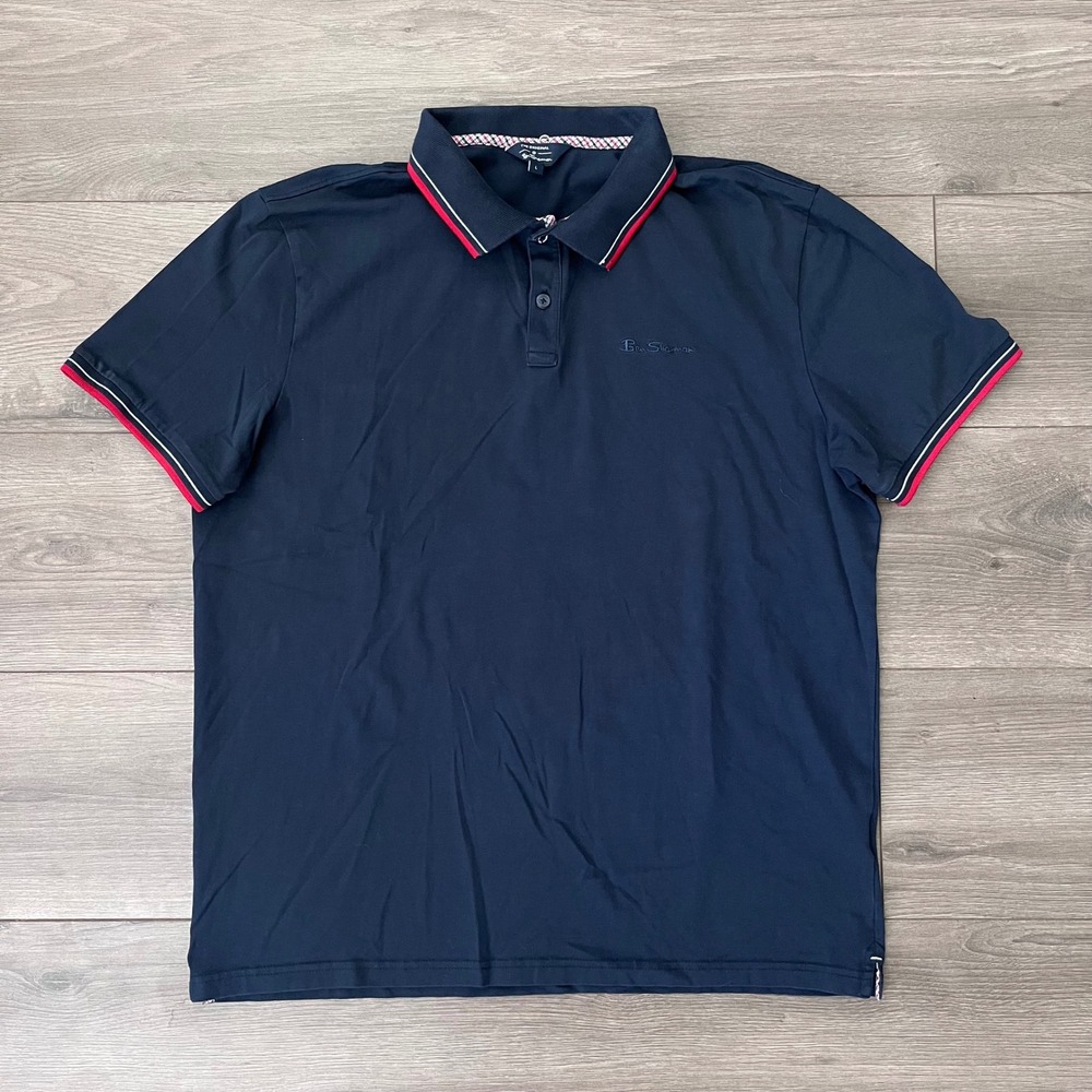 Ben Sherman Mens Navy Blue Tipped Short Sleeve Polo Shirt Large Cotton Stretch
